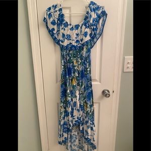 Lulus Antigua Blue Floral Print Off the shoulder dress